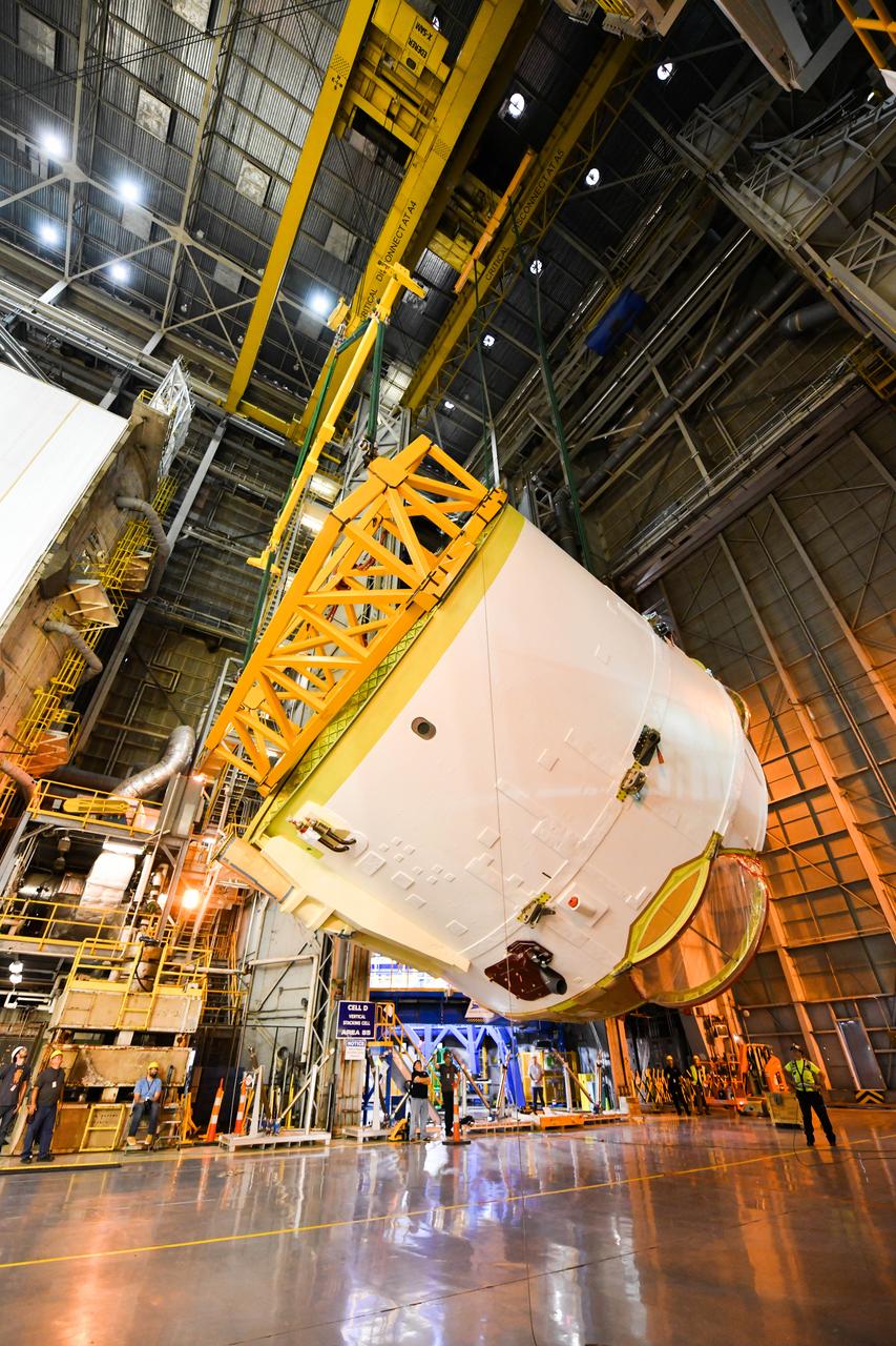 Technicians at NASA’s Michoud Assembly Facility in New Orleans rotated the engine section for NASA’s Space Launch System rocket from a vertical to horizontal position to prepare it for joining to the rest of the rocket’s core stage on Sept. 13. The engine section, which comprises the lowest portion of the 212-foot-tall stage, is the last major component to be horizontally integrated to the core stage. Michoud crews completed assembly on the flight hardware that will be used for Artemis I, the first lunar mission of SLS and NASA’s Orion spacecraft, on Aug. 29. The core stage’s two liquid propellant tanks and four RS-25 engines will produce more than 2 million pounds of thrust to send the SLS rocket and Orion on the Artemis lunar missions. The engine section houses the four RS-25 engines and includes vital systems for mounting, controlling and delivering fuel form the propellant tanks to the rocket’s engines.  Offering more payload mass, volume capability and energy to speed missions through space, the SLS rocket, along with NASA’s Gateway in lunar orbit and Orion, is part of NASA’s backbone for deep space exploration and the Artemis lunar program. No other rocket is capable of carrying astronauts in Orion around the Moon in a single mission.